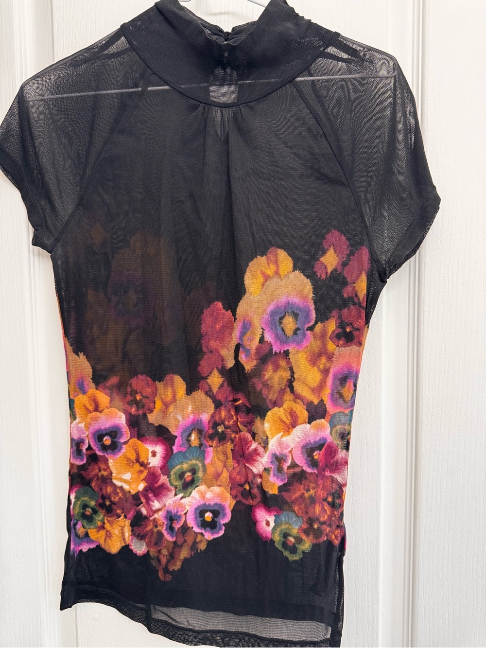 Mexx Metropolitan Sheer Black Floral Mesh Top with High Neck Size M EUC